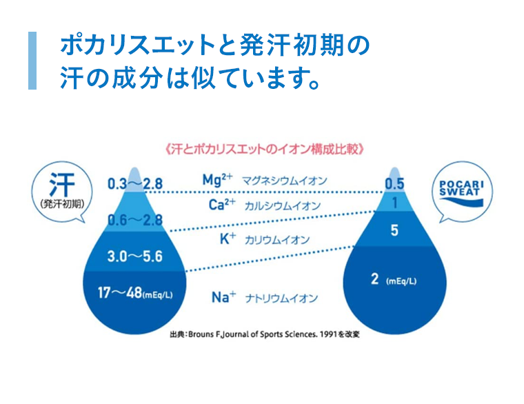 ポカリスエットと発汗初期の汗の成分は似ています。