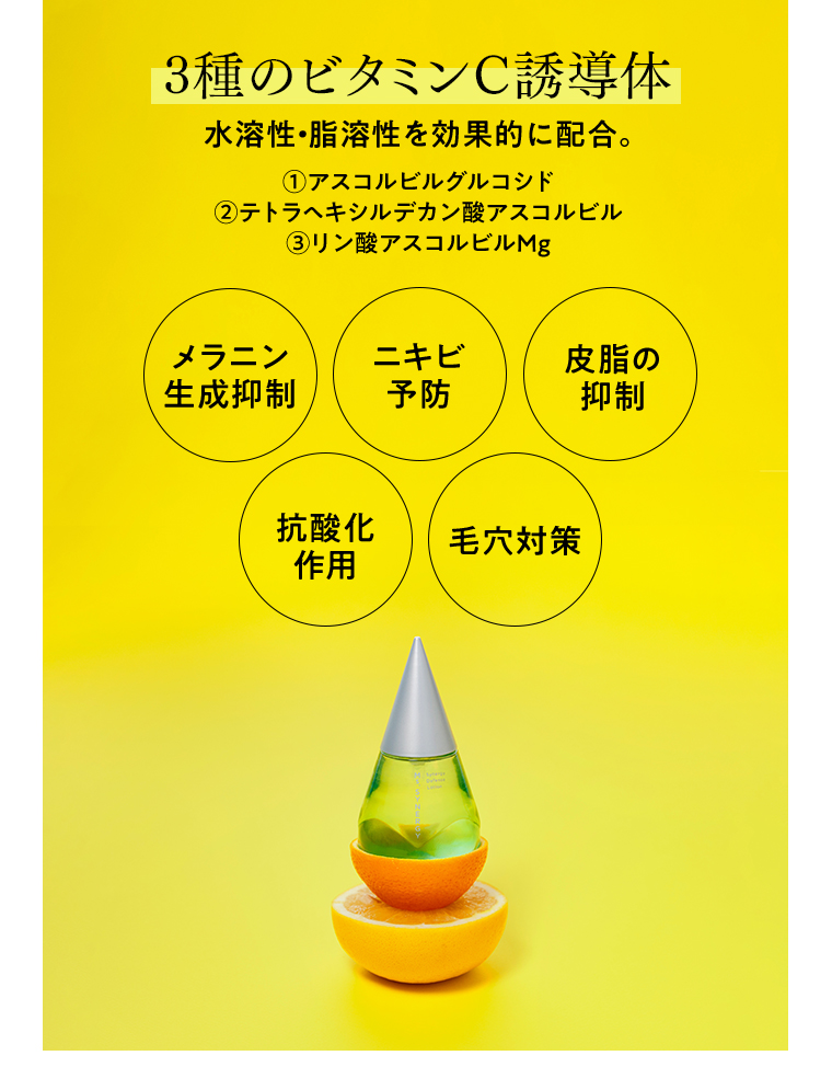 ３種のビタミンC誘導体 水溶性・脂溶性を効果的に配合。①アスコルビルグルコシド②テトラヘキシルデガン酸アスコルビル③リン酸アスコルビルMg メラニン生成抑制 ニキビ予防 皮脂の抑制 抗酸化作用 毛穴対策