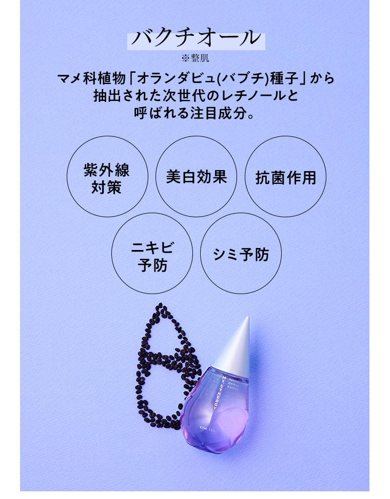 バクチオール マメ科植物「オランダビュ（バブチ）種子」から抽出された次世代のレチノールと呼ばれる注目成分。紫外線対策 美白効果 抗菌作用 ニキビ予防 シミ予防