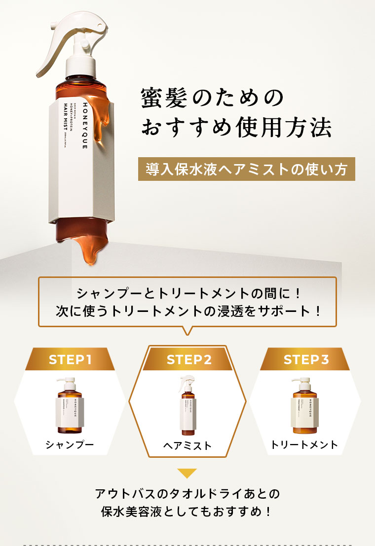 蜜髪のためのおすすめ使用方法　導入保水液ヘアミストの使い方　シャンプーとトリートメントの間に！次に使うトリートメントの浸透をサポート！[STEP1]シャンプー [STEP2]ヘアミスト（アウトバスのタオルドライあとの保水美容液としてもおすすめ！） [STEP3]トリートメント