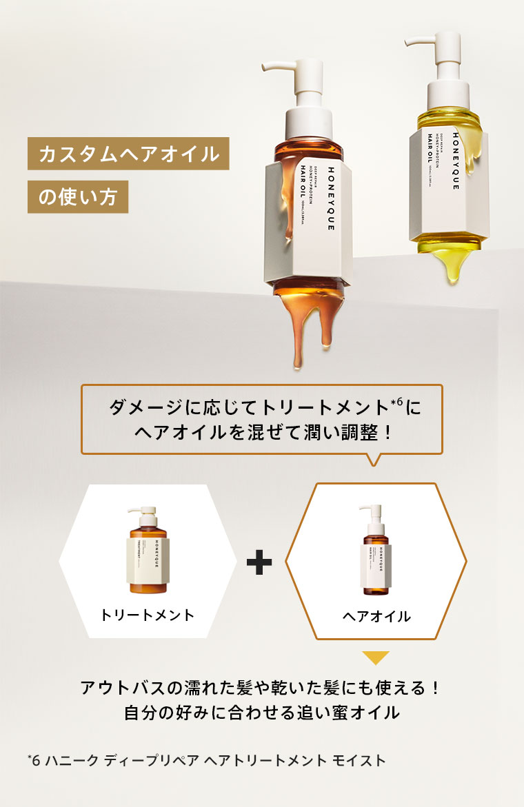 カスタムヘアオイルの使い方　ダメージに応じてトリートメント*⁶にヘアオイルを混ぜて潤い調整！トリートメント+ヘアオイル（アウトバスの濡れた髪や乾いた髪にも使える！自分の好みに合わせる追い蜜オイル）*6 ハニーク ディープリペア ヘアトリートメント モイスト
