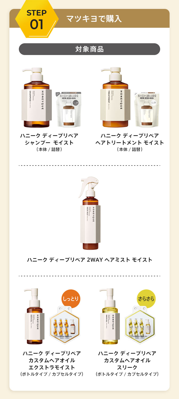 [STEP1]マツキヨで購入　対象商品：ハニーク ディープリペア シャンプー モイスト（本体/詰替）、ハニーク ディープリペア ヘアトリートメント モイスト（本体/詰替）、ハニーク ディープリペア 2WAY ヘアミスト モイスト、ハニーク ディープリペア カスタムヘアオイル エクストラモイスト（ボトルタイプ/カプセルタイプ）、ハニーク ディープリペア カスタムヘアオイル スリーク（ボトルタイプ/カプセルタイプ）