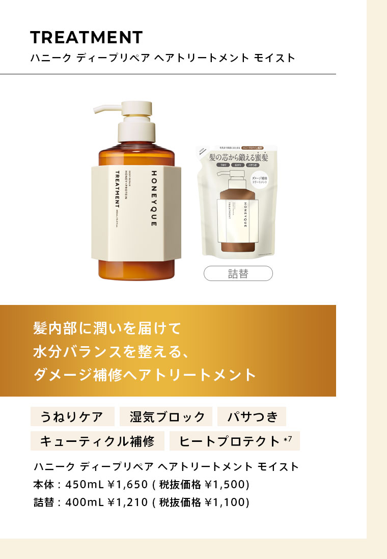 TREATMENT ハニーク ディープリペア ヘアトリートメント モイスト　髪内部に潤いを届けて水分バランスを整える、ダメージ補修ヘアトリートメント　本体: 450mL ¥1,650 (税抜価格¥1,500)　詰替: 400mL ¥1,210 (税抜価格¥1,100)