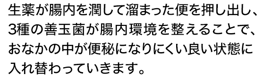生薬が腸内を潤して溜まった便を押し出し、3種の善玉菌が腸内環境を整えることで、おなかの中が便秘になりにくい良い状態に入れ替わっていきます。