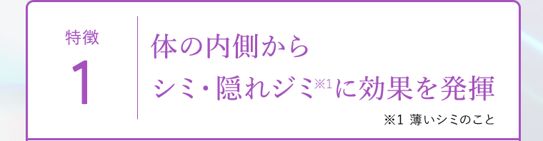 特徴1｜体の内側からシミ・隠れジミ(※1)に効果を発揮　※1 薄いシミのこと