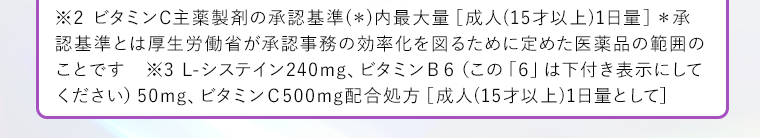 ※2 ビタミンC主薬製剤の承認基準(＊)内最大量［成人(15才以上)1日量］＊承認基準とは厚生労働省が承認事務の効率化を図るために定めた医薬品の範囲のことです※3 L-システイン240mg、ビタミンＢ６（この「６」は下付き表示にしてください）50mg、ビタミンＣ500mg配合処方［成人(15才以上)1日量として］