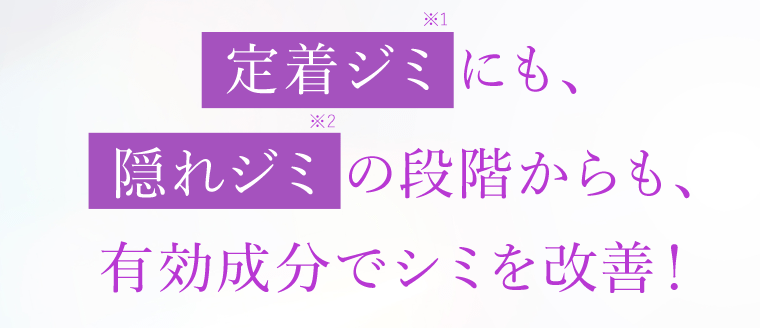 定着ジミ（※1）にも、隠れジミ（※2）の段階からも、有効成分でシミを改善！
