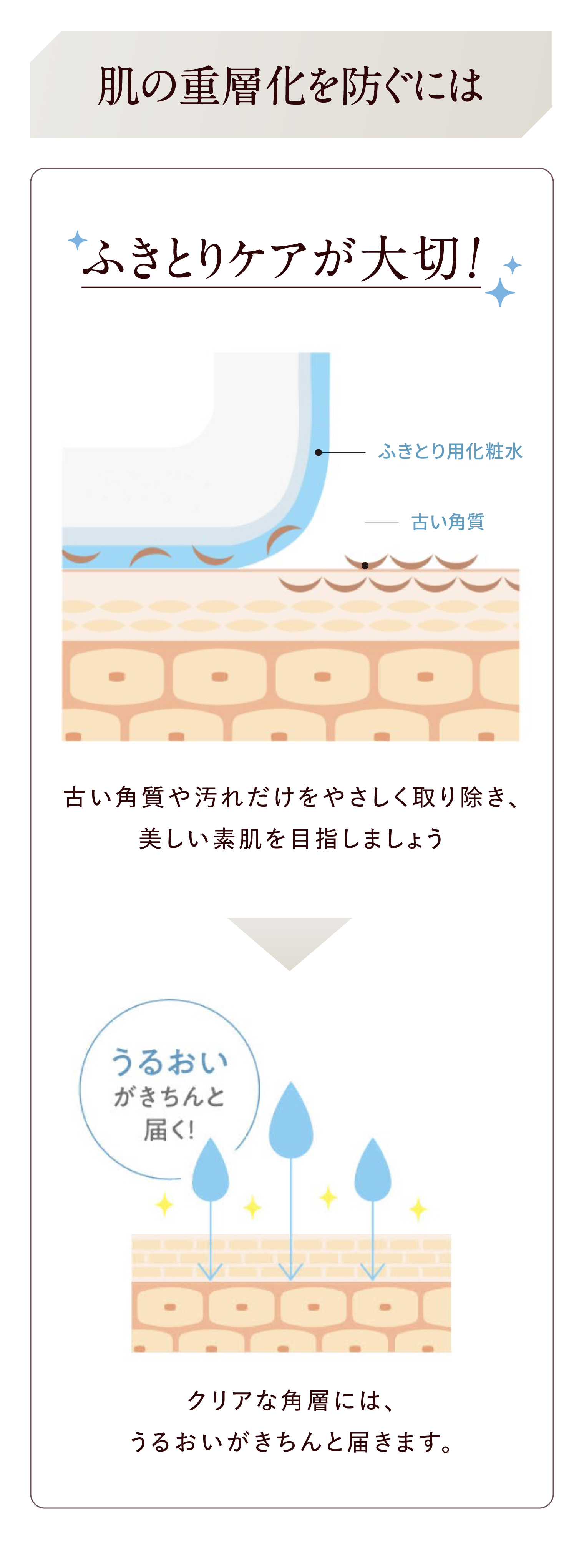 肌の重層化を防ぐにはふきとりケアが大切!古い角質や汚れだけをやさしく取り除き、美しい素肌を目指しましょう→クリアな角層には、うるおいがきちんと届きます。