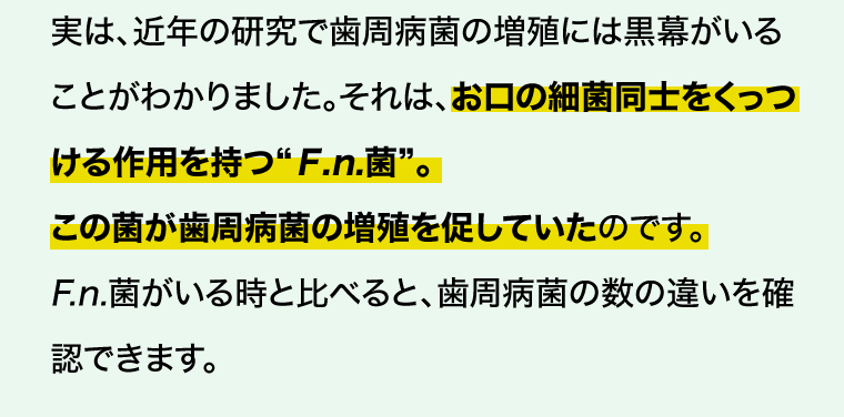 実は、近年の研究で歯周病菌の増殖には黒幕がいることがわかりました。それは、お口の細菌同士をくっつける作用を持つ“F.n.菌”。この菌が歯周病菌の増殖を促していたのです。F.n.菌がいる時と比べると、歯周病菌の数の違いを確認できます。