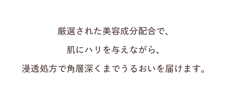 厳選された美容成分配合で、肌にハリを与えながら、浸透処方で角層深くまでうるおいを届けます。