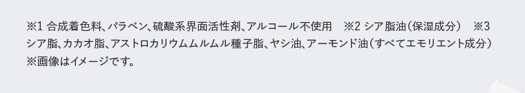 ※1 合成着色料、パラベン、硫酸系界面活性剤、アルコール不使用　※2 シア脂油（保湿成分）　※3 シア脂、カカオ脂、アストロカリウムムルムル種子脂、ヤシ油、アーモンド油（すべてエモリエント成分） ※画像はイメージです。