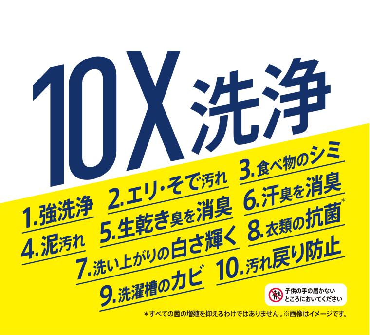 １０X洗浄１，強洗浄２，エリ・そで汚れ３，食べ物のシミ４，泥汚れ５，生乾き臭を消臭６，汗臭を消臭７，洗い上がりの白さ輝く８，衣類の抗菌９，洗濯層のカビ１０，汚れ戻り防止