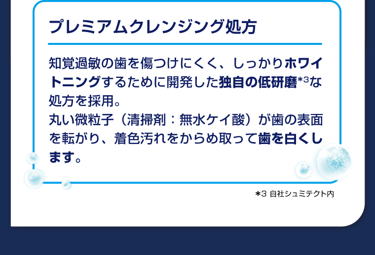 プレミアムクレンジング処方　知覚過敏の歯を傷つけにくく、しっかりホワイトニングするために開発した独自の低研磨*3な処方を採用。丸い微粒子（清掃剤：無水ケイ酸）が歯の表面を転がり、着色汚れをからめ取って歯を白くします。