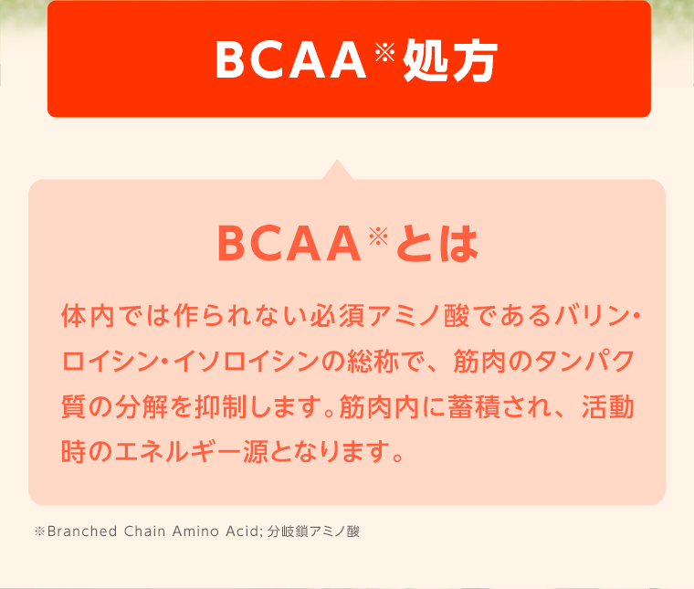 BCAA処方　BCAAとは　体内で作られない必須アミノ酸であるバリン・ロイシン・磯炉心の総称で、筋肉のタンパク質の成分を抑制します。筋肉内に蓄積され、活動時のエネルギー源となります。
