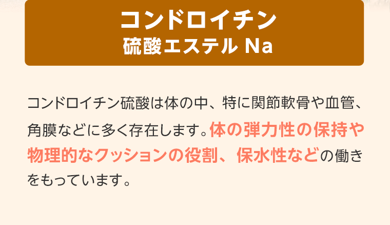 コンドロイチン　硫酸エステル Na　コンドロイチン硫酸は体の中、特に関節軟骨や血管、角質などに多く存在します。体の弾力性の保持や物理的なクッションの役割、保水性などの働きをもっています。