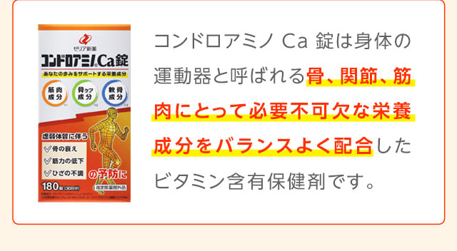 コンドロアミノ Ca錠は身体の運動器と呼ばれる骨、関節、筋肉にとって必要不可欠な栄養成分をバランスよく配合したビタミン含有保険剤です。