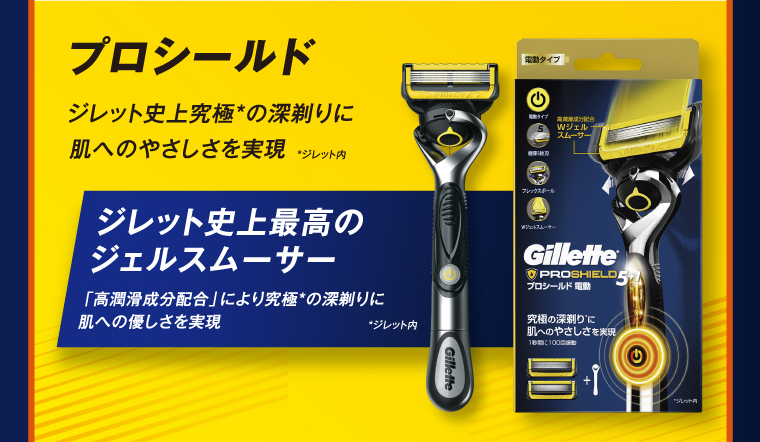 プロシールド ジレット史上究極＊の深剃りに肌へのやさしさを実現 ＊ジレット内 史上最高のジェルスムーサー 「高潤滑成分配合」により究極＊の深剃りに肌への優しさを実現 ＊ジレット内