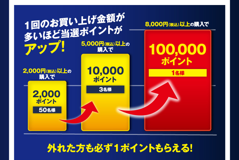 1回のお買い上げ金額が多いほど当選ポイントがアップ！ 2,000円（税込）以上の購入で2,000ポイント 50名様 5,000円（税込）以上の購入で 10,000ポイント 3名様 8,000円（税込）以上の購入で100,000ポイント 1名様 外れた方も必ず1ポイントもらえる！