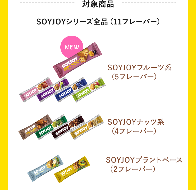 対象商品 SOYJOYシリーズ全品(11フレーバー) SOYJOYフルーツ系(5フレーバー) SOYJOYナッツ系(4フレーバー) SOYJOYプラントベース(2フレーバー)