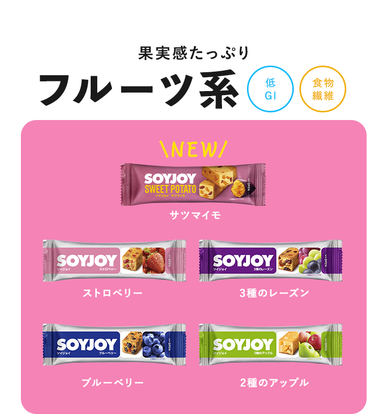 果実感たっぷり フルーツ系 低GI 食物繊維 サツマイモ ストロベリー 3種のレーズン ブルーベリー 2種のアップル