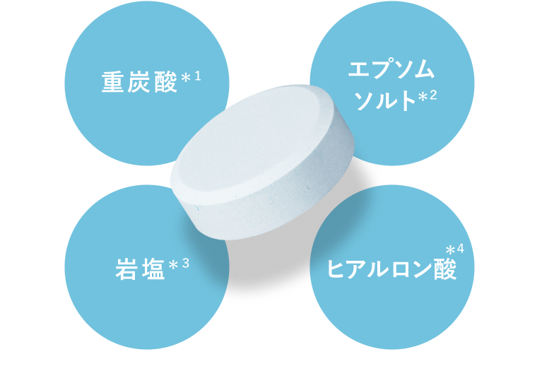 重炭酸（*1）／エプソムソルト（*2）／岩塩（*3）／ヒアルロン酸（*4）