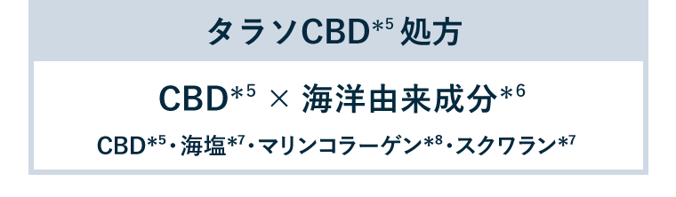 タラソCBD（*5）処方／CBD（*5）×海洋由来成分（*6）　CBD（*5）・海塩（*7）・マリンコラーゲン（*8）・スクワラン（*7）