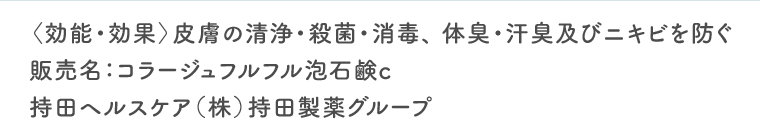 〈効能・効果〉皮膚の清浄・殺菌・消毒、体臭・汗臭及びニキビを防ぐ　販売名：コラージュフルフル泡石鹸c　持田ヘルスケア（株）持田製薬グループ