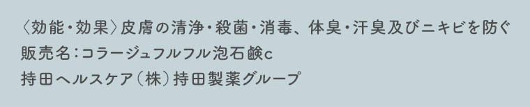 〈効能・効果〉皮膚の清浄・殺菌・消毒、体臭・汗臭及びニキビを防ぐ　販売名：コラージュフルフル泡石鹸c　持田ヘルスケア（株）持田製薬グループ
