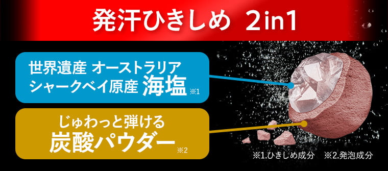 発汗ひきしめ 2in1 世界遺産 オーストラリア シャークベイ原産 海塩※1 じゅわっと弾ける炭酸パウダー※2 ※1.ひきしめ成分 ※2.発砲成分