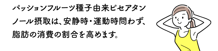 パッションフルーツ種子由来ピセアタンノール摂取は、安静時・運動時問わず、脂肪の消費の割合を高めます。