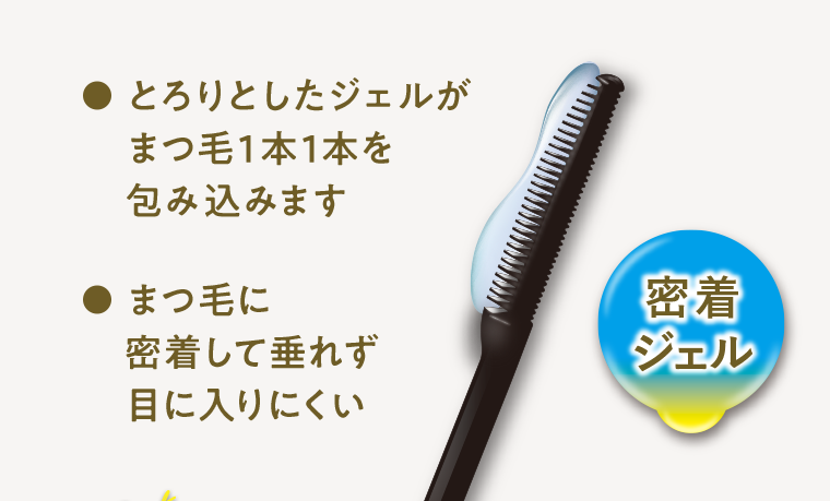 とろりとしたジェルがまつ毛1本1本を包み込みます まつ毛に密着して垂れず目に入りにくい