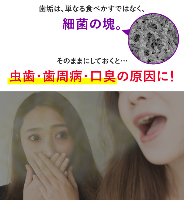 歯垢は、単なる食べかすではなく、細菌の塊。そのままにしておくと…虫歯・歯周病・口臭の原因に！