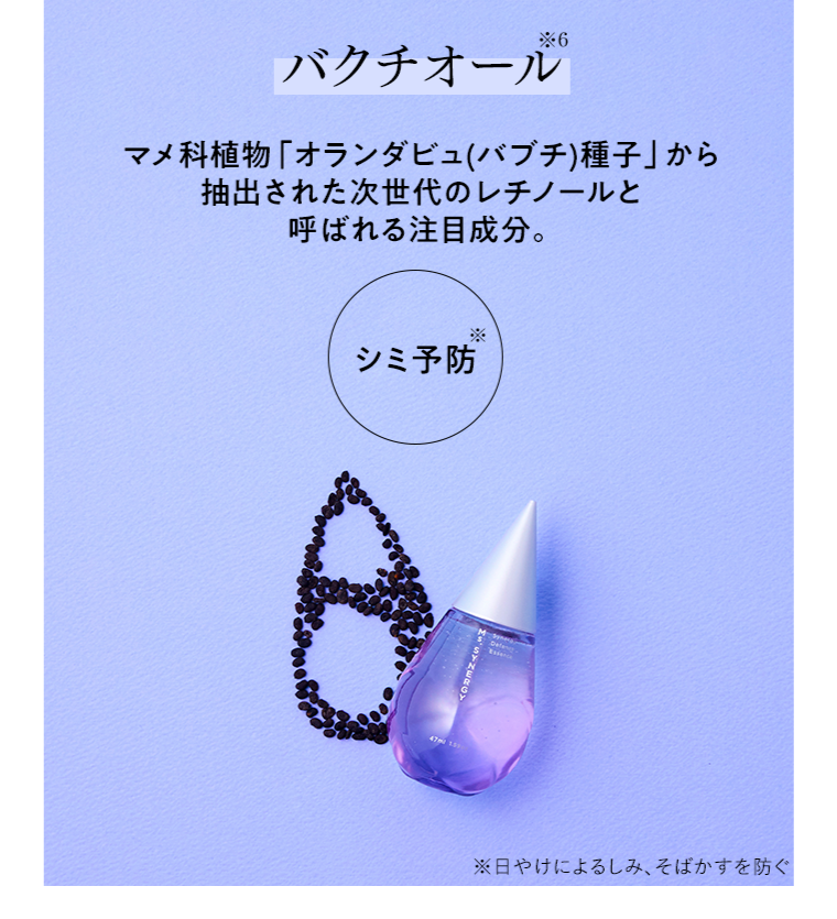 バクチオール マメ科植物「オランダビュ(バブチ)種子」から抽出された次世代のレチノールと呼ばれる注目成分。