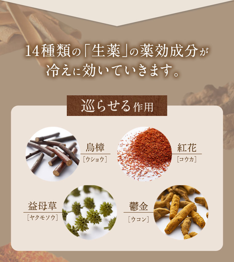 14種類の「生薬」の薬効成分が冷えに効いていきます。