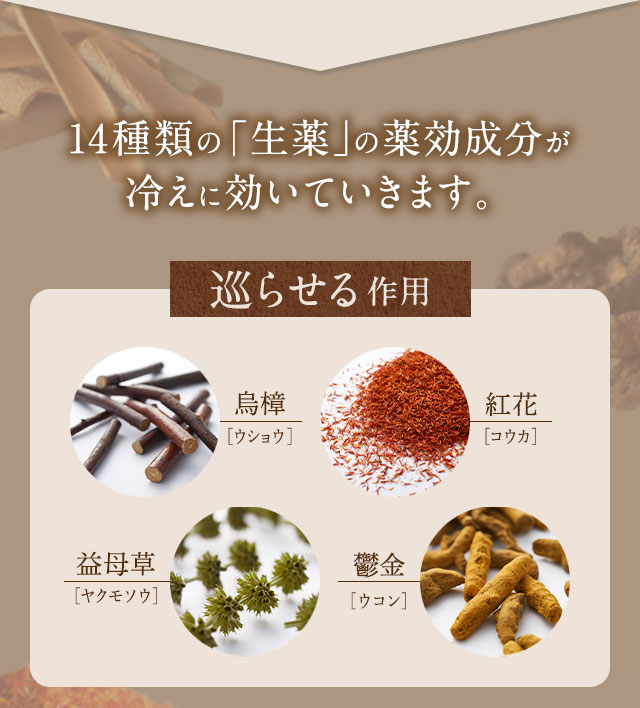 14種類の「生薬」の薬効成分が冷えに効いていきます。