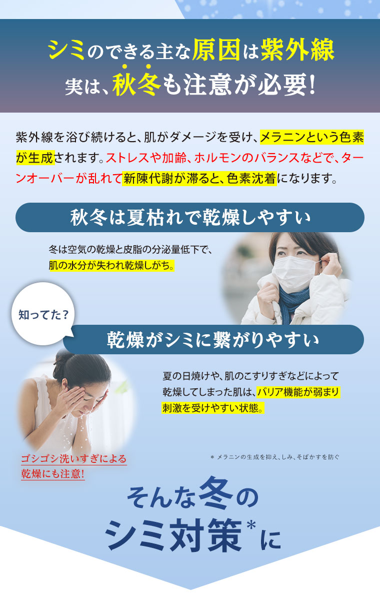 シミのできる主な原因は紫外線。実は、秋冬も注意が必要！