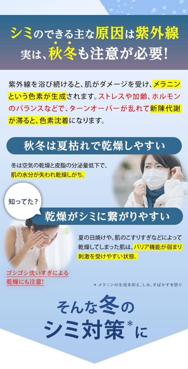 シミのできる主な原因は紫外線。実は、秋冬も注意が必要！