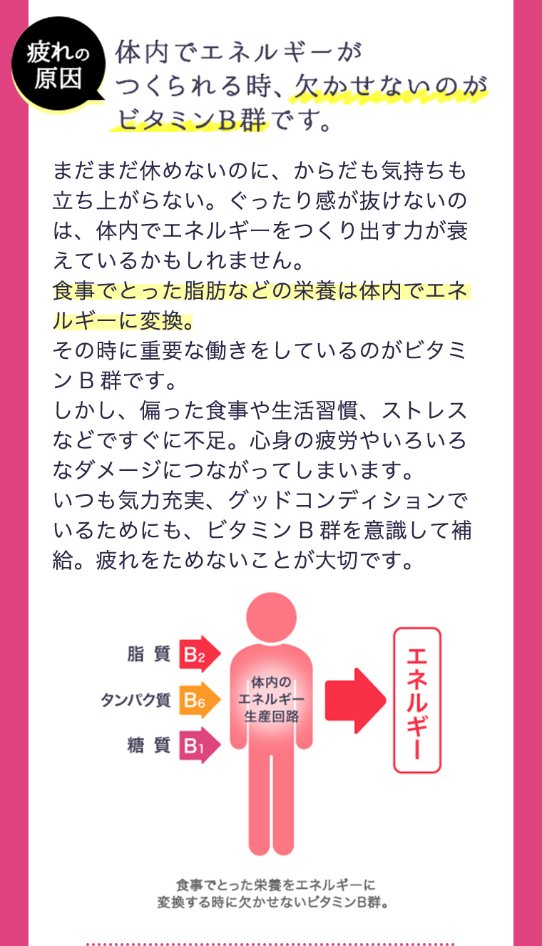 疲れの原因 体内でエネルギーがつくられる時、欠かせないのがビタミンB群です。まだまだ休めないのに、からだも気持ちも立ち上がらない。ぐったり感が抜けないのは、体内でエネルギーをつくり出す力が衰えているかもしれません。食事でとった脂肪などの栄養は体内でエネルギーに変換。その時に重要な働きをしているのがビタミンB群です。しかし、偏った食事や生活習慣、ストレスなどですぐに不足。心身の疲労やいろいろなダメージにつながってしまいます。いつも気力充実、 グッドコンディションでいるためにも、ビタミンB群を意識して補給。疲れをためないことが大切です。