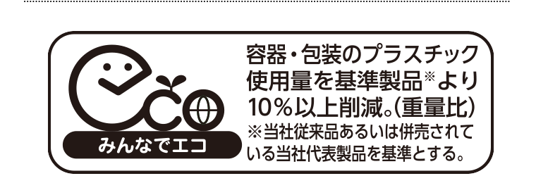 【みんなでエコ】容器・包装のプラスチック使用量を基準製品※より10％以上削減。（重量比）　※当社従来品あるいは併売されている当社代表製品を基準とする。