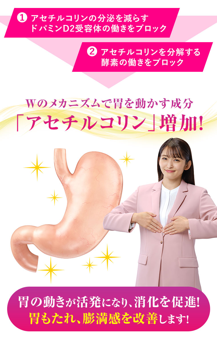 Ｗのメカニズムで胃を動かす成分「アセチルコリン」増加！