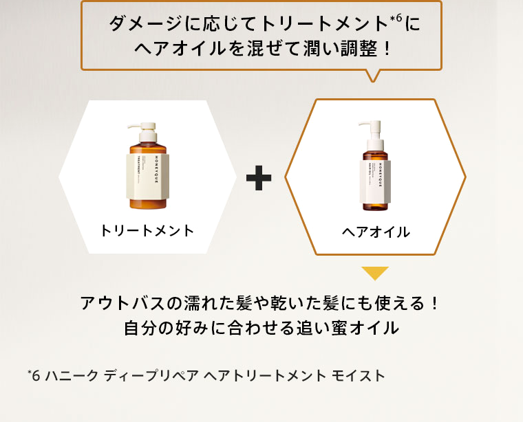 ダメージに応じてトリートメントにヘアオイルを混ぜて潤い調整！