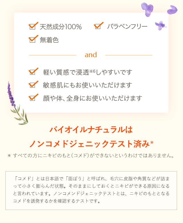 バイオイルナチュラルはノンコメドジェニックテスト済み