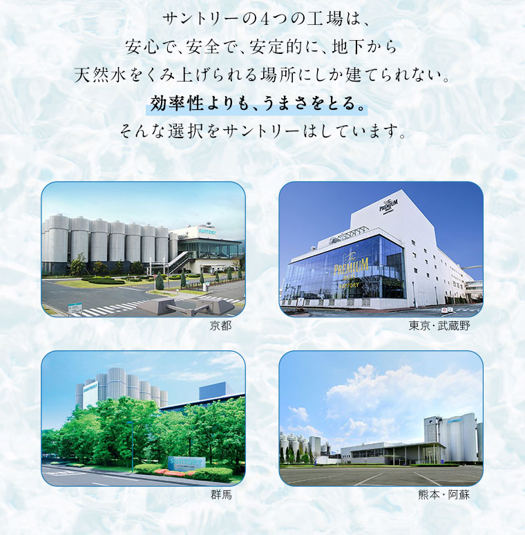 サントリーの4つの工場は、安心で、安全で、安定的に、地下から天然水をくみ上げられる場所にしか建てられない。