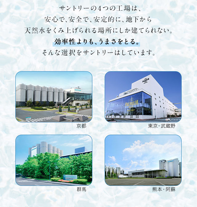 サントリーの4つの工場は、安心で、安全で、安定的に、地下から天然水をくみ上げられる場所にしか建てられない。