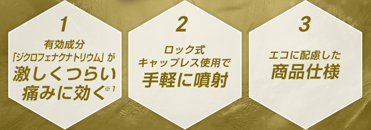 1 有効成分「ジクロフェナクナトリウム」が激しくつらい痛みに効く(※1)｜2 ロック式キャップレス使用で手軽に噴射｜3 エコに配慮した商品仕様