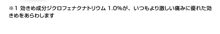 ※1 効きめ成分ジクロフェナクナトリウム1.0が、いつもより激しい痛みに優れた効きめをあらわします。