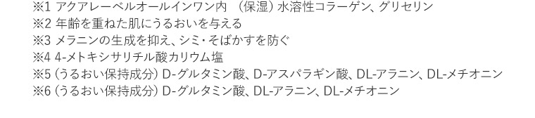 ※1 アクアレーベルオールインワン内 （保湿）水溶性コラーゲン、グリセリン　※2 年齢を重ねた肌にうるおいを与える　※3 メラニンの生成を抑え、シミ・そばかすを防ぐ　※4 4-メトキシサリチル酸カリウム塩　※5（うるおい保持成分）D-グルタミン酸、D-アスパラギン酸、DL-アラニン、DL-メチオニン　※6（うるおい保持成分）D-グルタミン酸、DL-アラニン、DL-メチオニン