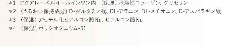 ＊1  アクアレーベルオールインワン内 （保湿）水溶性コラーゲン、グリセリン	 ＊2 （うるおい保持成分）D-グルタミン酸、DL-アラニン、DL-メチオニン、D-アスパラギン酸 ＊3 （保湿）アセチル化ヒアルロン酸Na、ヒアルロン酸Na ＊4 （保湿）ポリクオタニウム-51