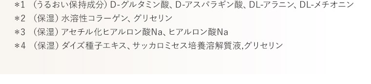 ＊1 （うるおい保持成分）D-グルタミン酸、D-アスパラギン酸、DL-アラニン、DL-メチオニン　＊2 （保湿）水溶性コラーゲン、グリセリン　＊3 （保湿）アセチル化ヒアルロン酸Na、ヒアルロン酸Na ＊4 （保湿）ダイズ種子エキス、サッカロミセス培養溶解質液,グリセリン