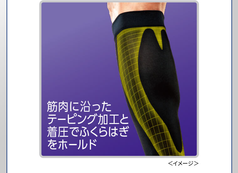 筋肉に沿ったテーピング加工と着圧でふくらはぎをホールド